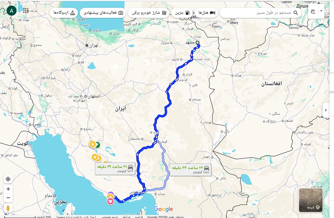 سفر زمینی مشهد به کیش روی نقشه ایران و عبور از شهرهای مختلف در مسیر جنوب