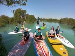 پدل برد در نور غروب جنگل حرا قشم